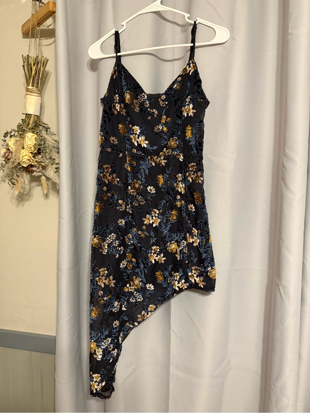 Lulu's Navy Floral Burnt Velvet Asymmetrical Slip Dress with Gold Accents